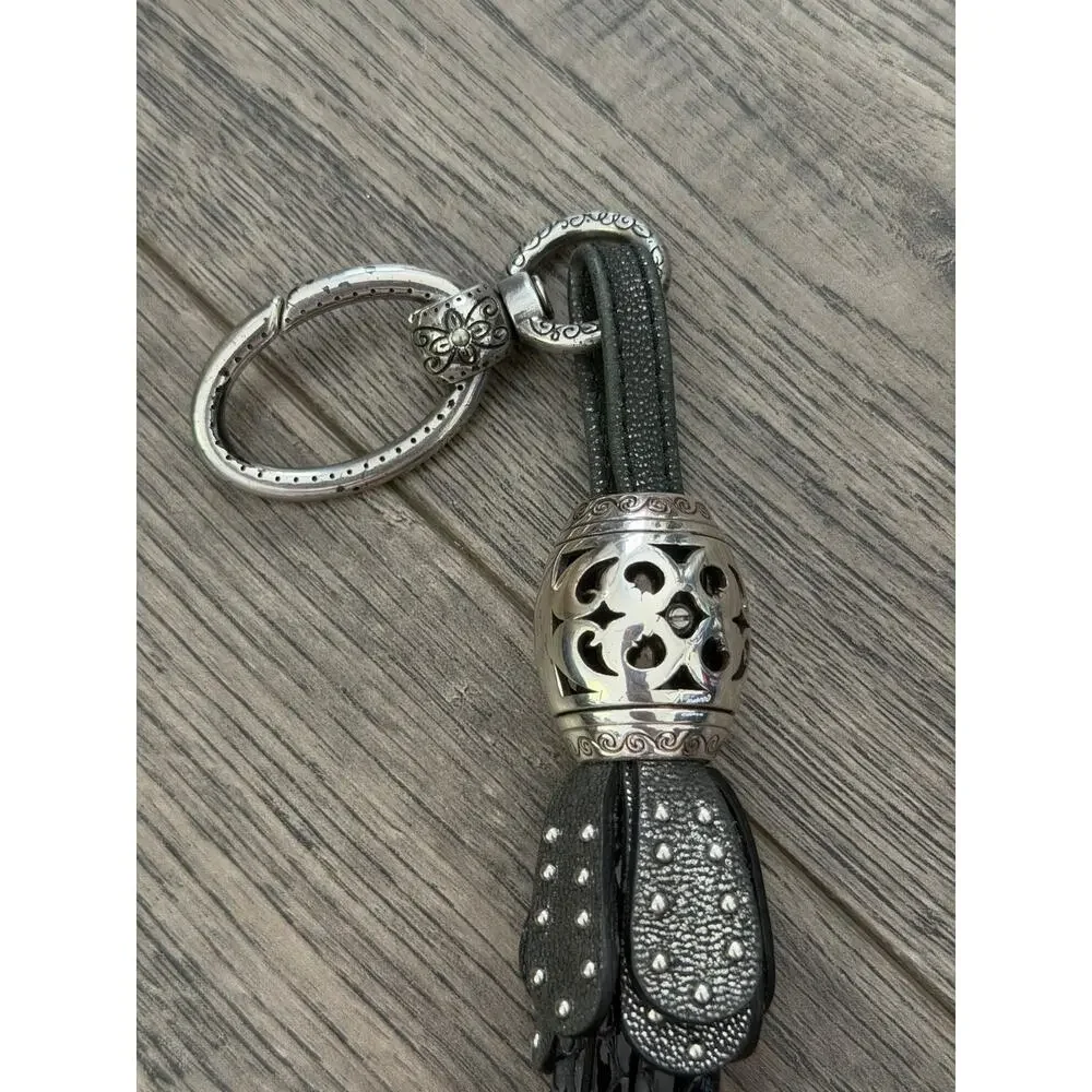 Key Chain Black Embossed Leather Braided Tasseled Silver-Tone Metal Turtle Charm